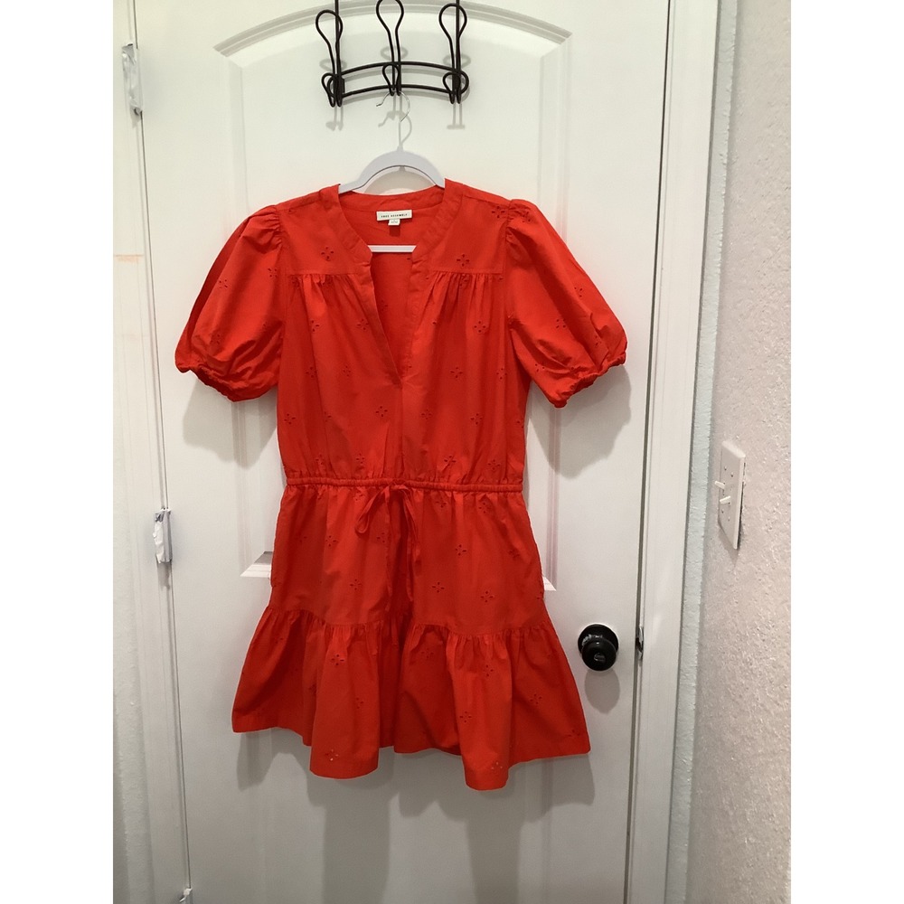 Free Assembly Orange Eyelet Mini Dress Short Puff Sleeve Tiered Hem Womens Large